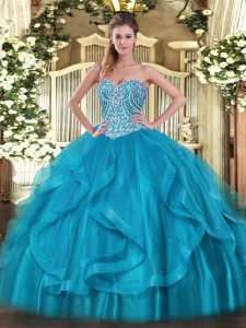 Discount Baby Blue Ball Gowns Sweetheart Sleeveless Organza Floor Length Lace Up Beading and Ruffles Sweet 16 Quinceanera Dress