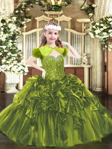 Exquisite Organza Straps Sleeveless Lace Up Beading and Ruffles Kids Formal Wear in Olive Green