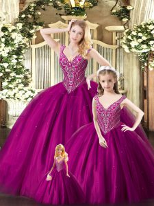 Flirting Fuchsia Sleeveless Floor Length Beading Lace Up Quinceanera Dress