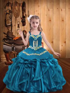 Teal Kids Formal Wear Party and Quinceanera and Wedding Party with Embroidery and Ruffles Straps Sleeveless Lace Up