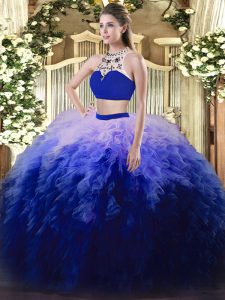 Superior Beading and Ruffles Quinceanera Gown Multi-color Backless Sleeveless Floor Length