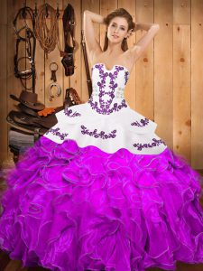 Sleeveless Floor Length Embroidery and Ruffles Lace Up Sweet 16 Quinceanera Dress with Purple