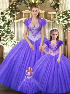 Fashionable Beading 15th Birthday Dress Purple Lace Up Sleeveless Floor Length