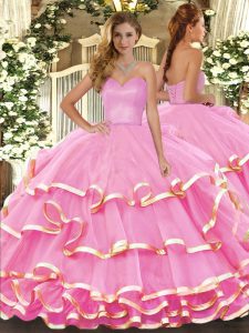 Rose Pink Organza Lace Up Sweetheart Sleeveless Floor Length Sweet 16 Quinceanera Dress Ruffled Layers