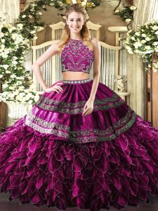 Cute Floor Length Fuchsia Sweet 16 Quinceanera Dress High-neck Sleeveless Zipper