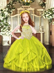 Sleeveless Floor Length Beading and Ruffles Zipper Girls Pageant Dresses with Yellow Green