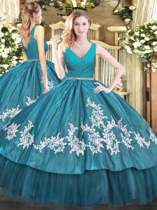 Customized V-neck Sleeveless Zipper 15 Quinceanera Dress Teal Tulle