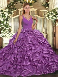 Lilac Backless Sweet 16 Dress Beading and Ruffles Sleeveless Floor Length