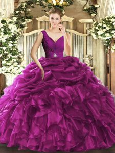 Fuchsia V-neck Backless Beading and Ruffles Quinceanera Dress Sleeveless