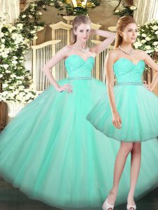 Perfect Sleeveless Tulle Floor Length Lace Up 15 Quinceanera Dress in Aqua Blue with Ruching