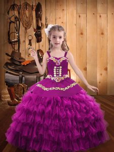 Organza Straps Sleeveless Lace Up Embroidery and Ruffled Layers Girls Pageant Dresses in Fuchsia