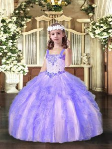 Lavender Ball Gowns Organza Straps Sleeveless Beading and Ruffles Floor Length Lace Up Little Girls Pageant Gowns