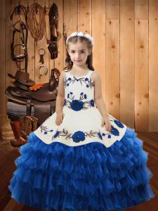 Floor Length Blue Girls Pageant Dresses Organza Sleeveless Embroidery and Ruffles