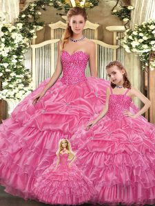 Inexpensive Rose Pink Lace Up Quinceanera Gown Beading and Ruffled Layers Sleeveless Floor Length