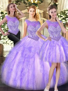 Lilac Tulle Zipper Scoop Sleeveless Floor Length Quinceanera Gown Beading and Ruffles