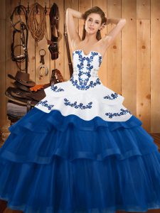Artistic Blue Sleeveless Embroidery and Ruffled Layers Lace Up Quinceanera Dress