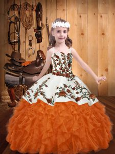 Wonderful Floor Length Ball Gowns Sleeveless Orange Red Child Pageant Dress Lace Up