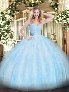 Floor Length Lace Up Quinceanera Gown Light Blue for Military Ball and Sweet 16 and Quinceanera with Beading and Ruffles