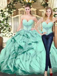 Apple Green Ball Gowns Organza Sweetheart Sleeveless Beading and Ruffles Floor Length Lace Up Quince Ball Gowns