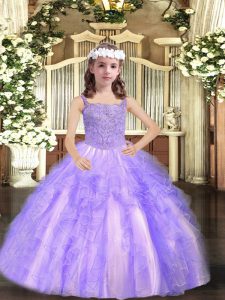 Super Lavender Sleeveless Floor Length Beading and Ruffles Lace Up Little Girls Pageant Dress