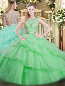 Popular Scoop Sleeveless Backless Sweet 16 Dress Apple Green Tulle