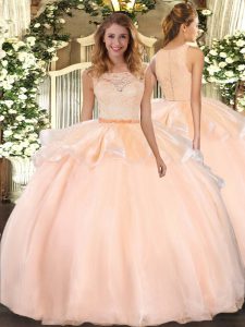Stunning Peach Sleeveless Organza Clasp Handle Quinceanera Gown for Military Ball and Sweet 16 and Quinceanera