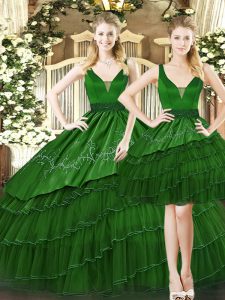 Vintage Dark Green Tulle Lace Up Straps Sleeveless Floor Length 15 Quinceanera Dress Beading and Ruffled Layers