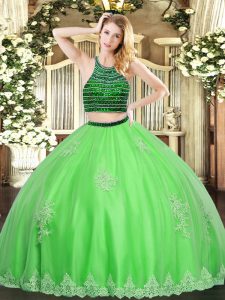Green Sleeveless Beading and Appliques Floor Length Quinceanera Gowns