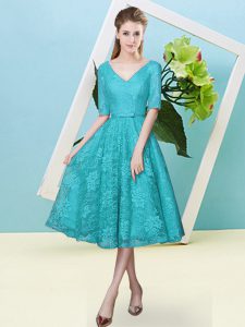 Vintage Teal Empire Lace V-neck Half Sleeves Bowknot Tea Length Lace Up Vestidos de Damas