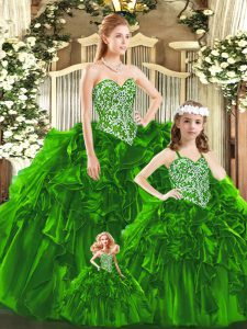 Popular Green Ball Gowns Beading and Ruffles Quinceanera Gowns Lace Up Organza Sleeveless Floor Length