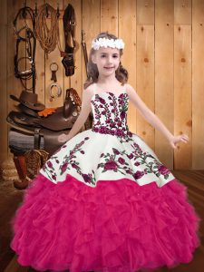 Modern Floor Length Ball Gowns Sleeveless Hot Pink Child Pageant Dress Lace Up