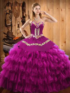 Fuchsia Sleeveless Floor Length Embroidery and Ruffled Layers Lace Up Quinceanera Gowns