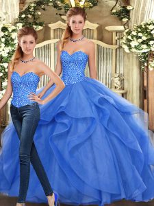 Flirting Blue Sleeveless Beading and Ruffles Floor Length 15 Quinceanera Dress