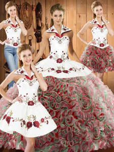 Multi-color Ball Gowns Halter Top Sleeveless Fabric With Rolling Flowers Sweep Train Lace Up Embroidery 15th Birthday Dress