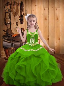Floor Length Green Little Girls Pageant Dress Wholesale Organza Sleeveless Beading and Embroidery and Ruffles