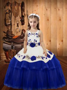 Floor Length Royal Blue Little Girl Pageant Gowns Organza Sleeveless Embroidery and Ruffled Layers