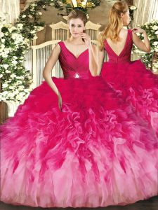 On Sale Multi-color Tulle Backless V-neck Sleeveless Floor Length Sweet 16 Dress Beading and Ruffles