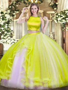 Chic Yellow Green High-neck Neckline Ruffles Quinceanera Gowns Sleeveless Criss Cross