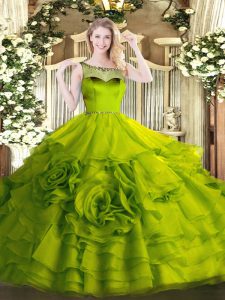Best Selling Sleeveless Zipper Floor Length Beading and Ruffles Quince Ball Gowns