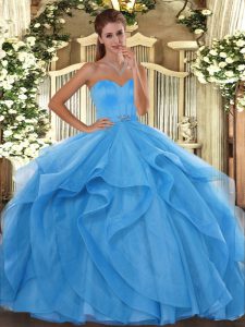 High End Ball Gowns 15th Birthday Dress Baby Blue Sweetheart Tulle Sleeveless Floor Length Lace Up