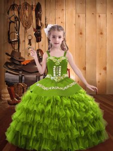 Olive Green Organza Lace Up Pageant Gowns For Girls Sleeveless Floor Length Embroidery and Ruffled Layers