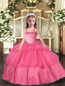 Hot Pink Straps Neckline Appliques and Ruffled Layers Kids Pageant Dress Sleeveless Lace Up