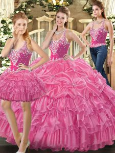 Straps Sleeveless Quinceanera Dress Floor Length Beading and Ruffles and Pick Ups Hot Pink Tulle