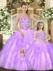 Simple Floor Length Lilac Quinceanera Gowns Straps Sleeveless Lace Up