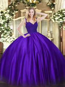 Most Popular Purple Quinceanera Gowns Sweet 16 and Quinceanera with Beading V-neck Sleeveless Zipper