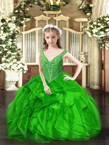 Fashionable Sleeveless Floor Length Beading and Ruffles Lace Up Evening Gowns with Green