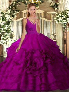 Custom Design Fuchsia Sleeveless Floor Length Beading and Ruffled Layers Backless 15th Birthday Dress