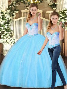 Stylish Sleeveless Floor Length Beading Lace Up Quinceanera Gowns with Baby Blue