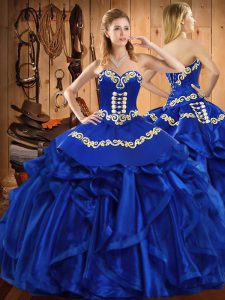 Edgy Royal Blue Quinceanera Gown Military Ball and Sweet 16 and Quinceanera with Embroidery and Ruffles Sweetheart Sleeveless Lace Up