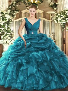 New Style Teal Backless V-neck Beading and Ruffles Sweet 16 Dress Organza Sleeveless